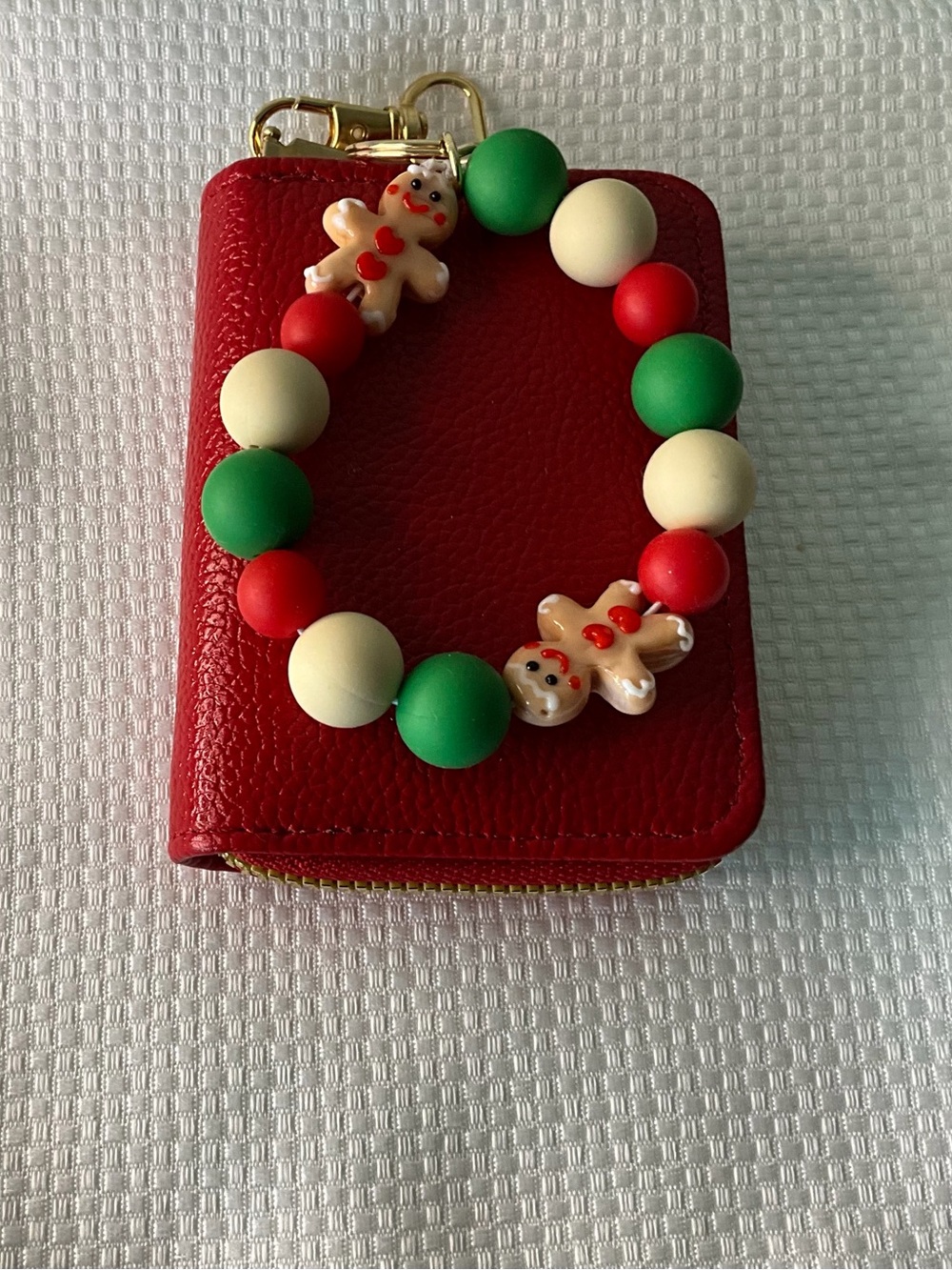 Holiday Gingerbread Bead Wrist Keychain - Red, Green, Cream